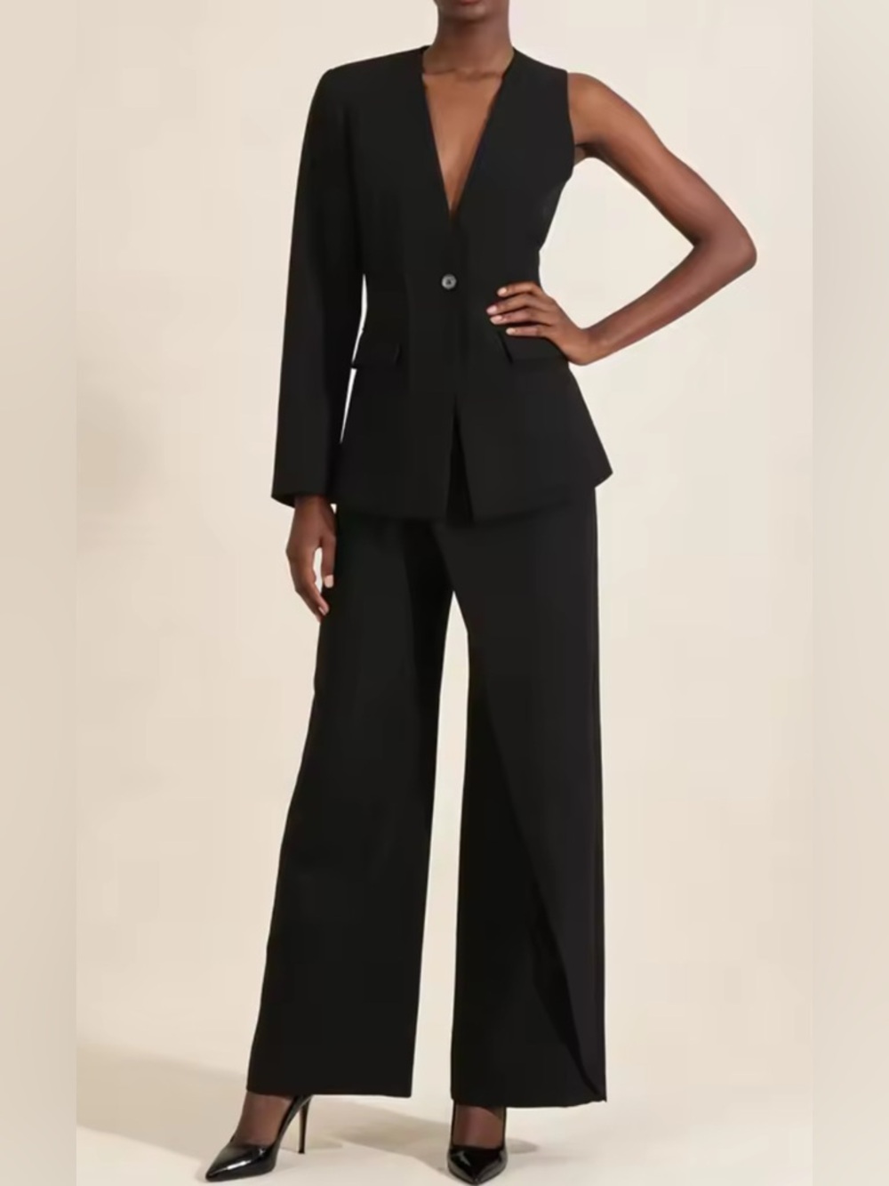 NEW $358 Terra Two Piece Tailored Black Wide-Leg Pantsuit Set